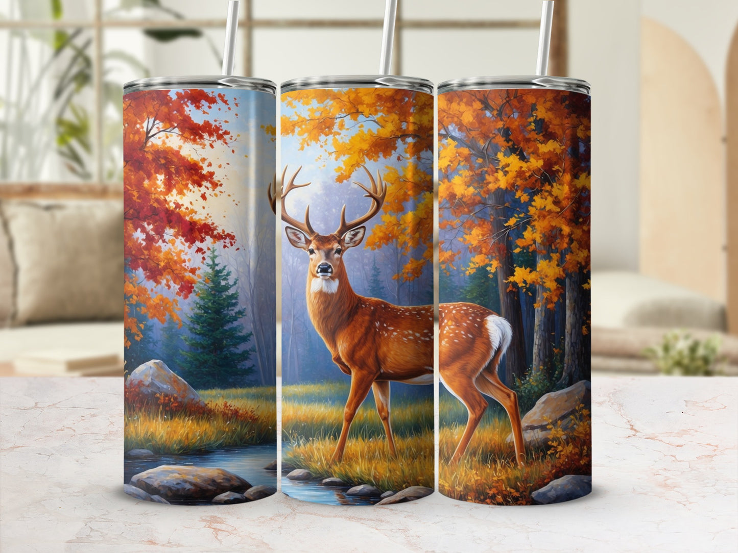 Tumbler with deer and autumn forest scene.