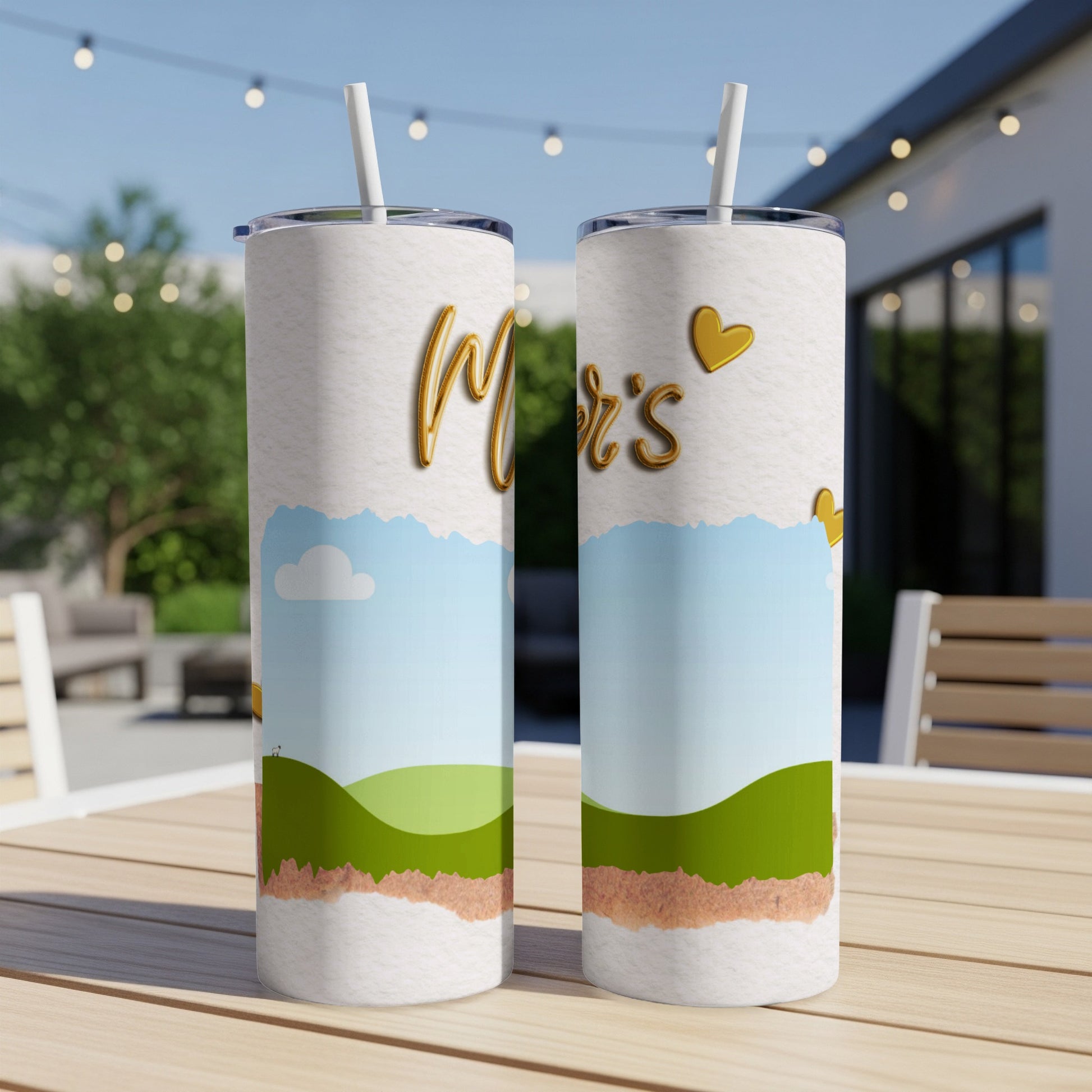 Two tumblers with "Mom's" and gold hearts on a textured background.