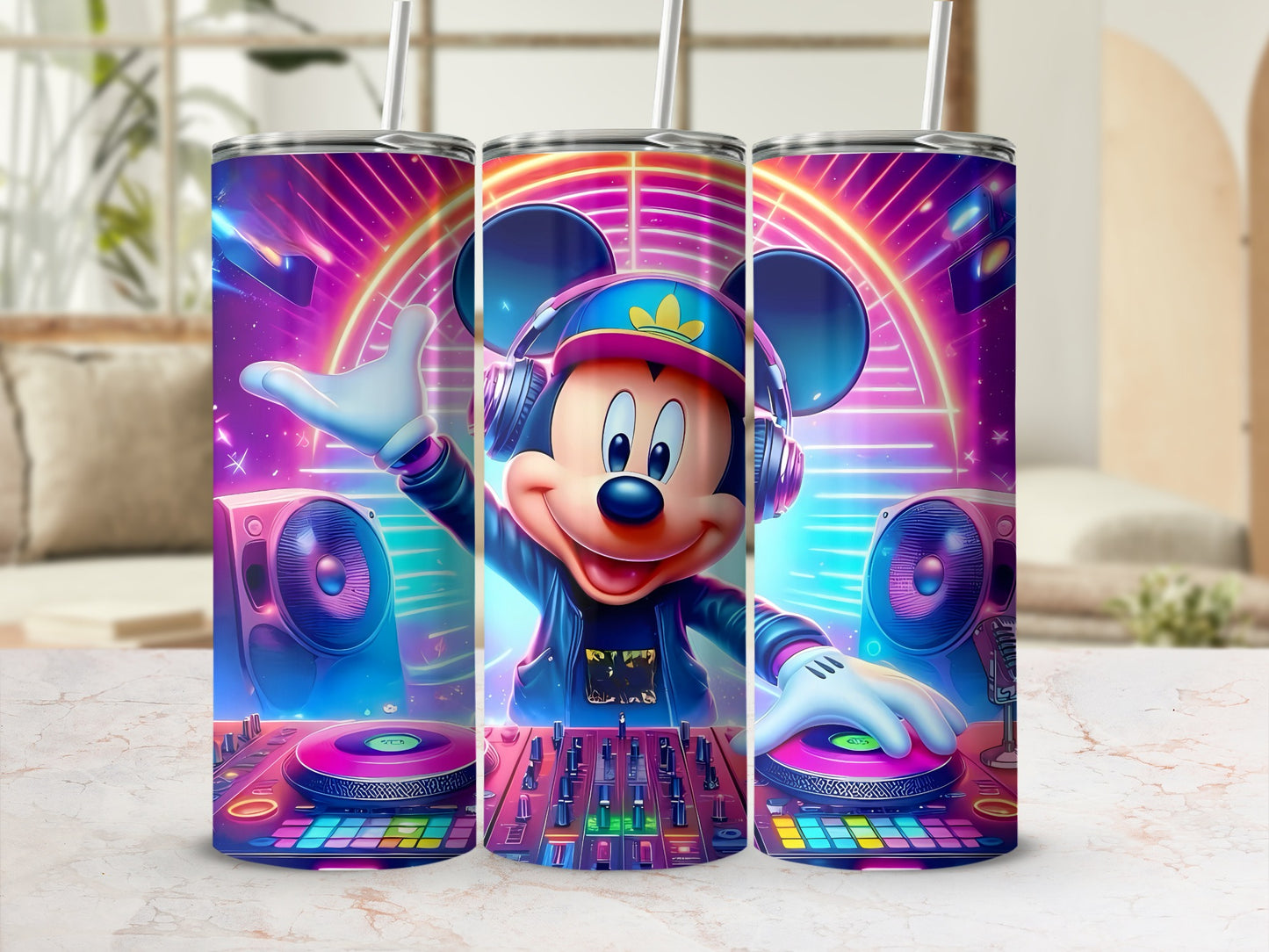 DJ Cartoon Character on Vibrant Neon Design tumbler
