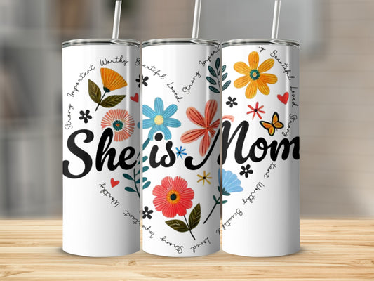 She is Mom Floral Design Printed Tumbler Drinkware
