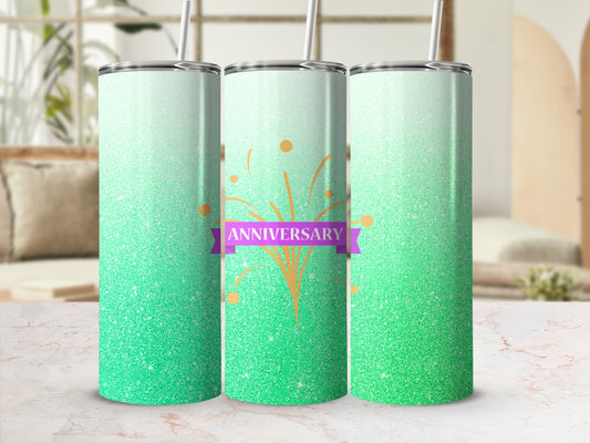 Three green glitter tumblers with fireworks and "Anniversary" ribbon.