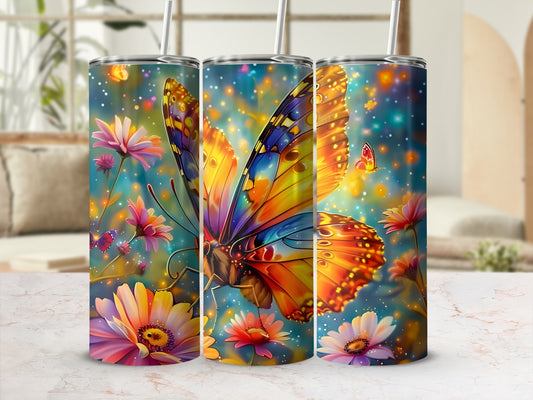 Tumbler with vibrant butterfly and floral design.