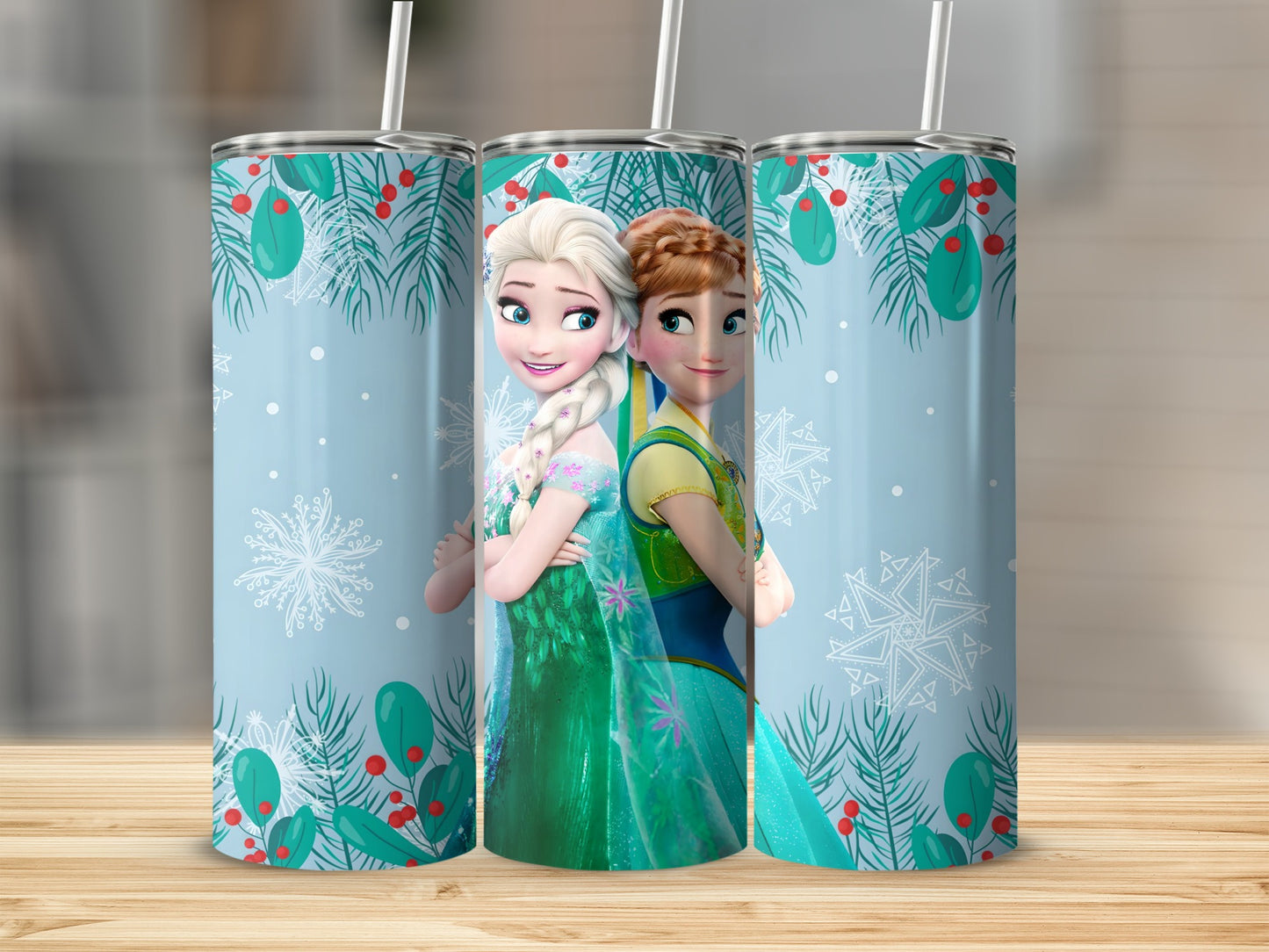 Frozen Sisters Theme Snowflakes Tumbler with Straw