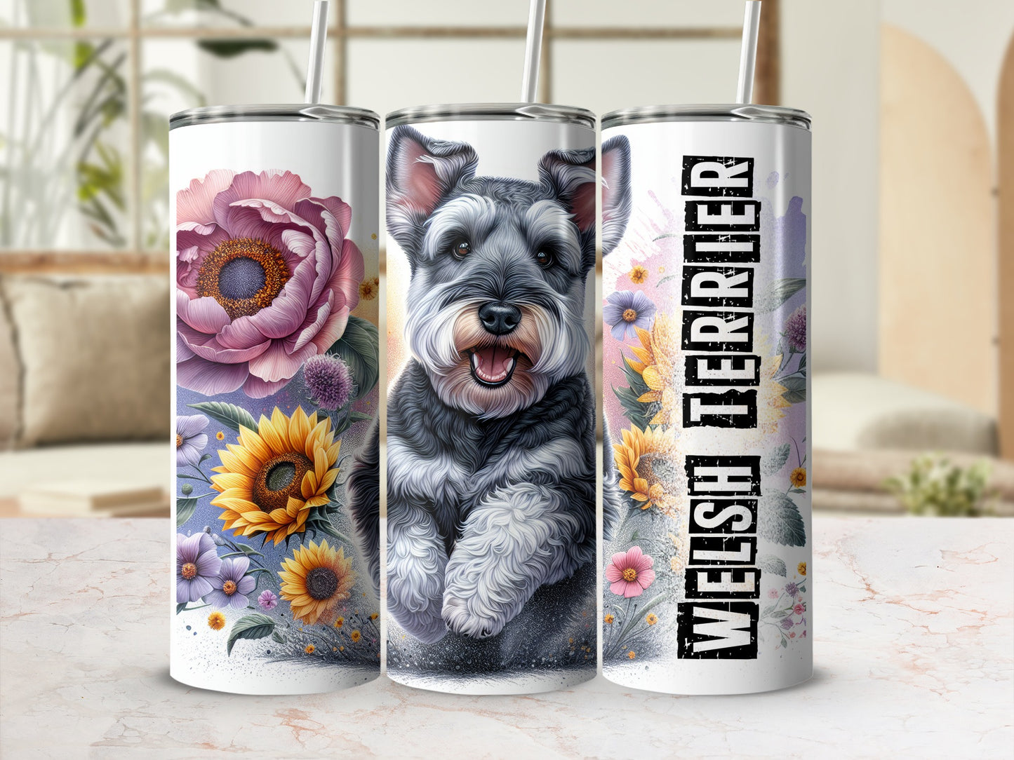 Three tumblers featuring a schnauzer, floral patterns, and "Welsh Terrier" text.