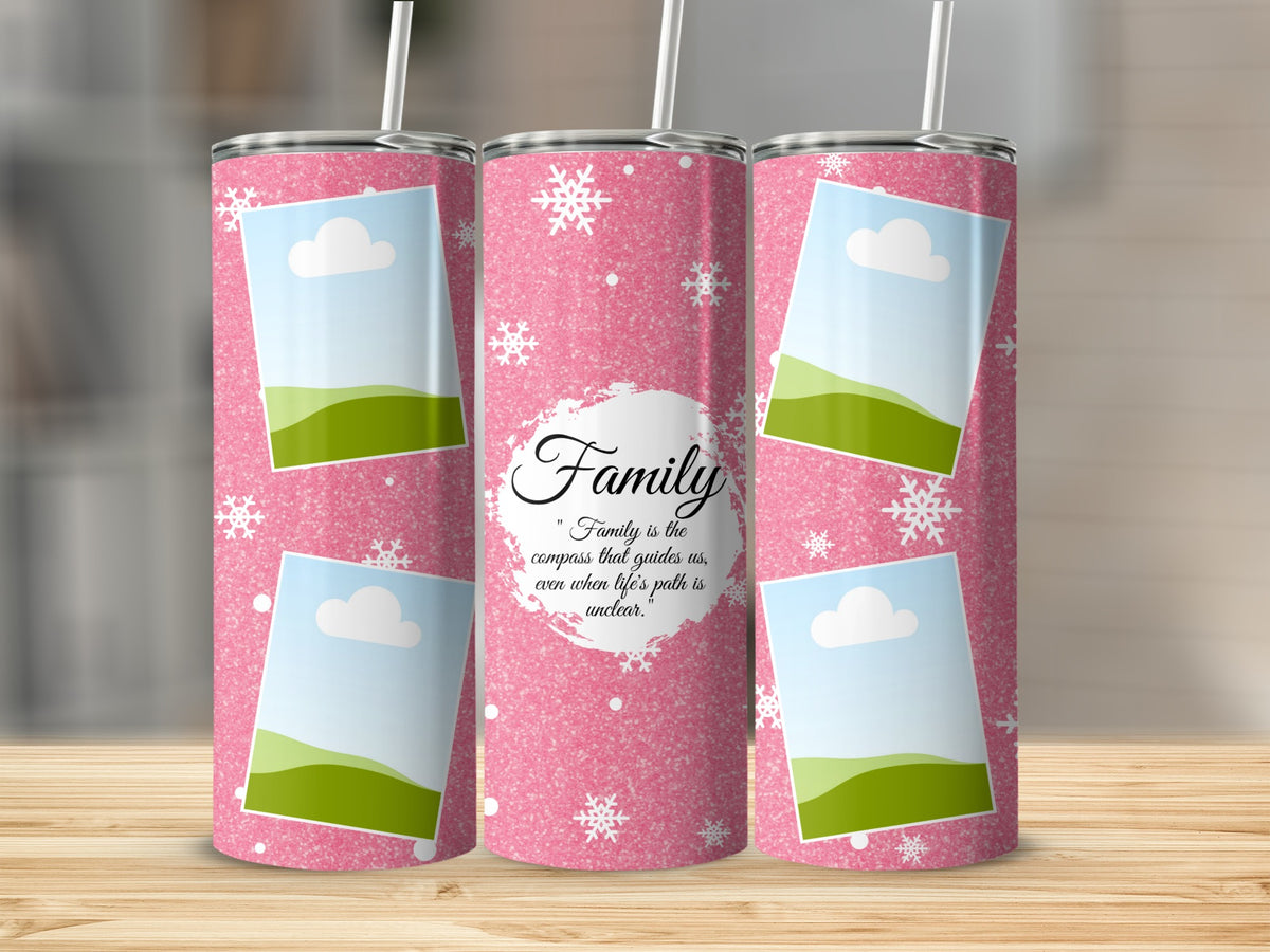 Pink glitter tumblers with snowflake design and framed landscape photos.