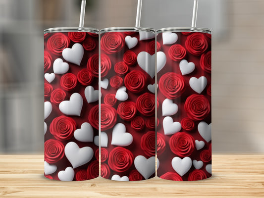 Three tumblers with red roses and white hearts design.