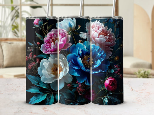 Three tumblers with vibrant pink, blue, and white peony floral designs.