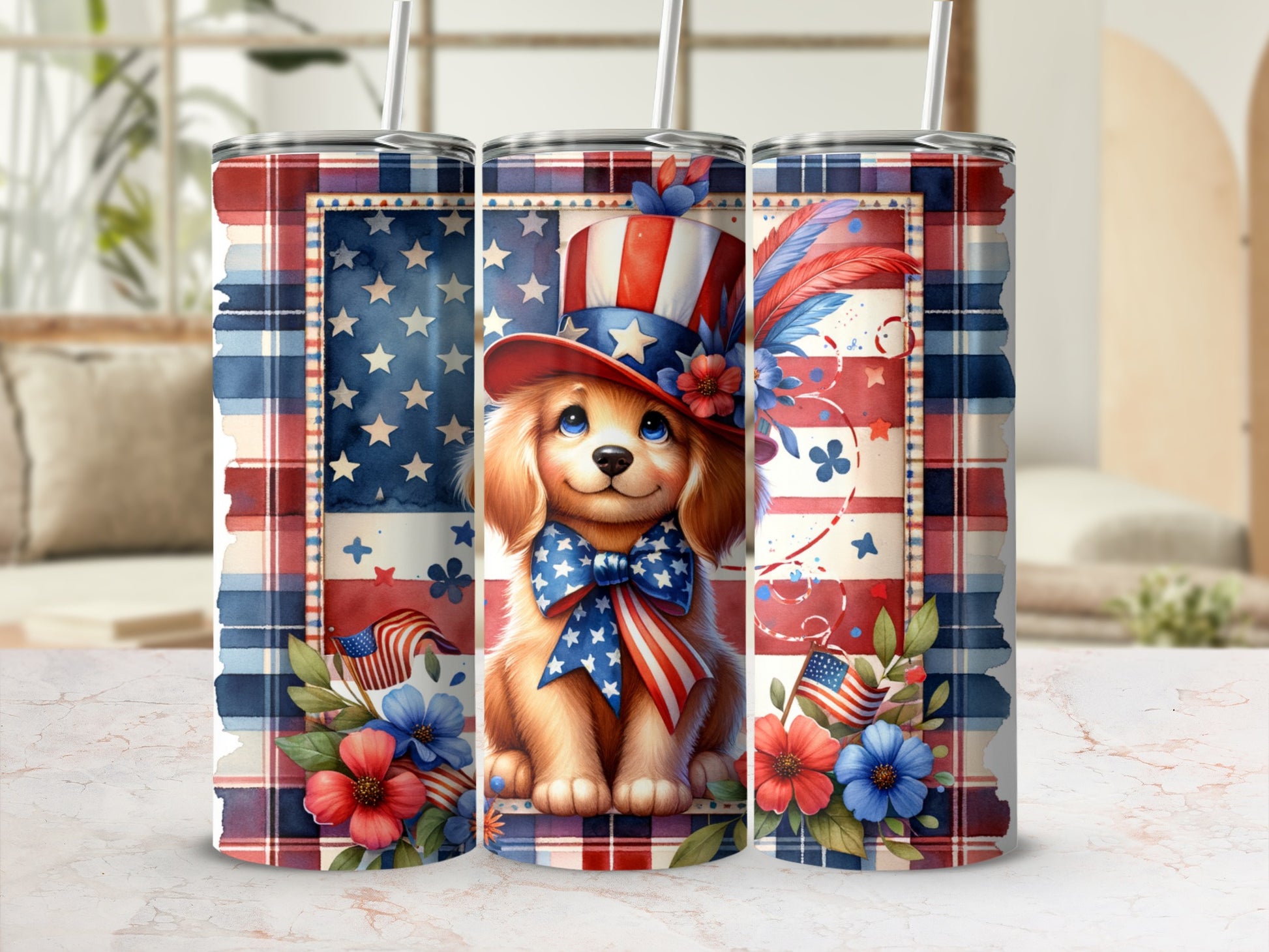 Puppy in a patriotic hat with stars, flags, and flowers, on a plaid background.