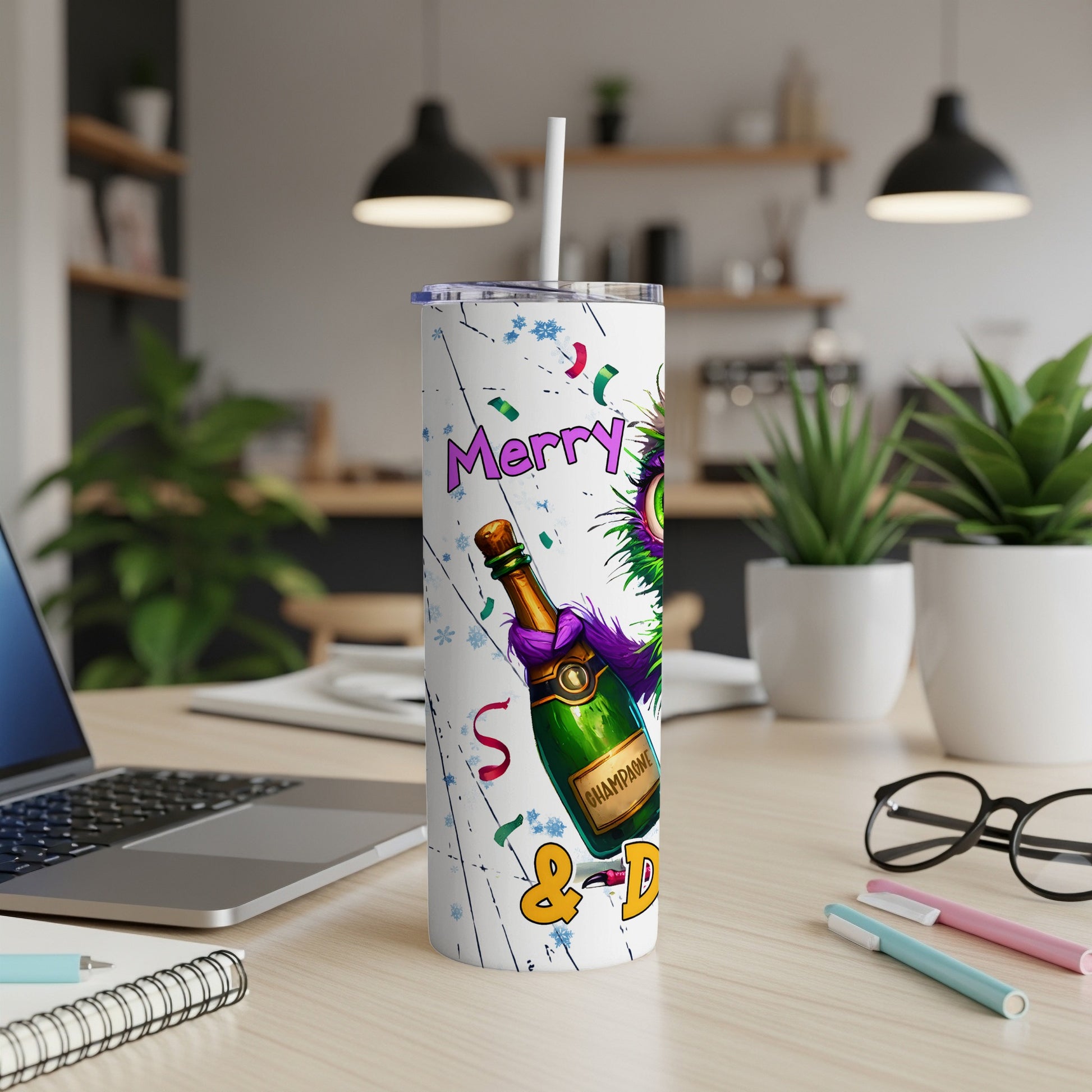 Mug with cartoon character, champagne bottle, and "Merry & Bright" text.