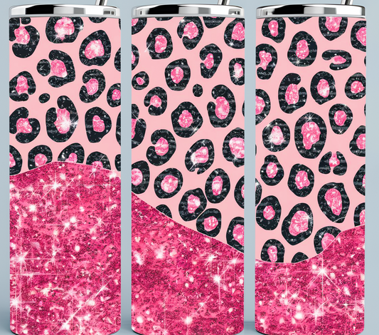 Pink glitter leopard tumbler