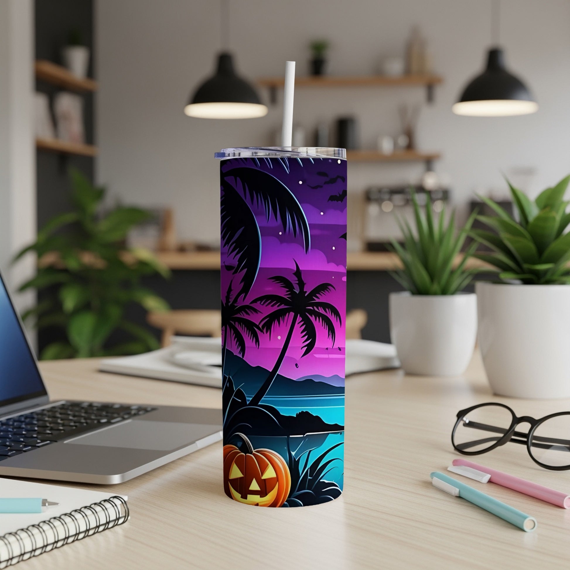 Tumbler with Halloween tropical scene and jack-o'-lantern.