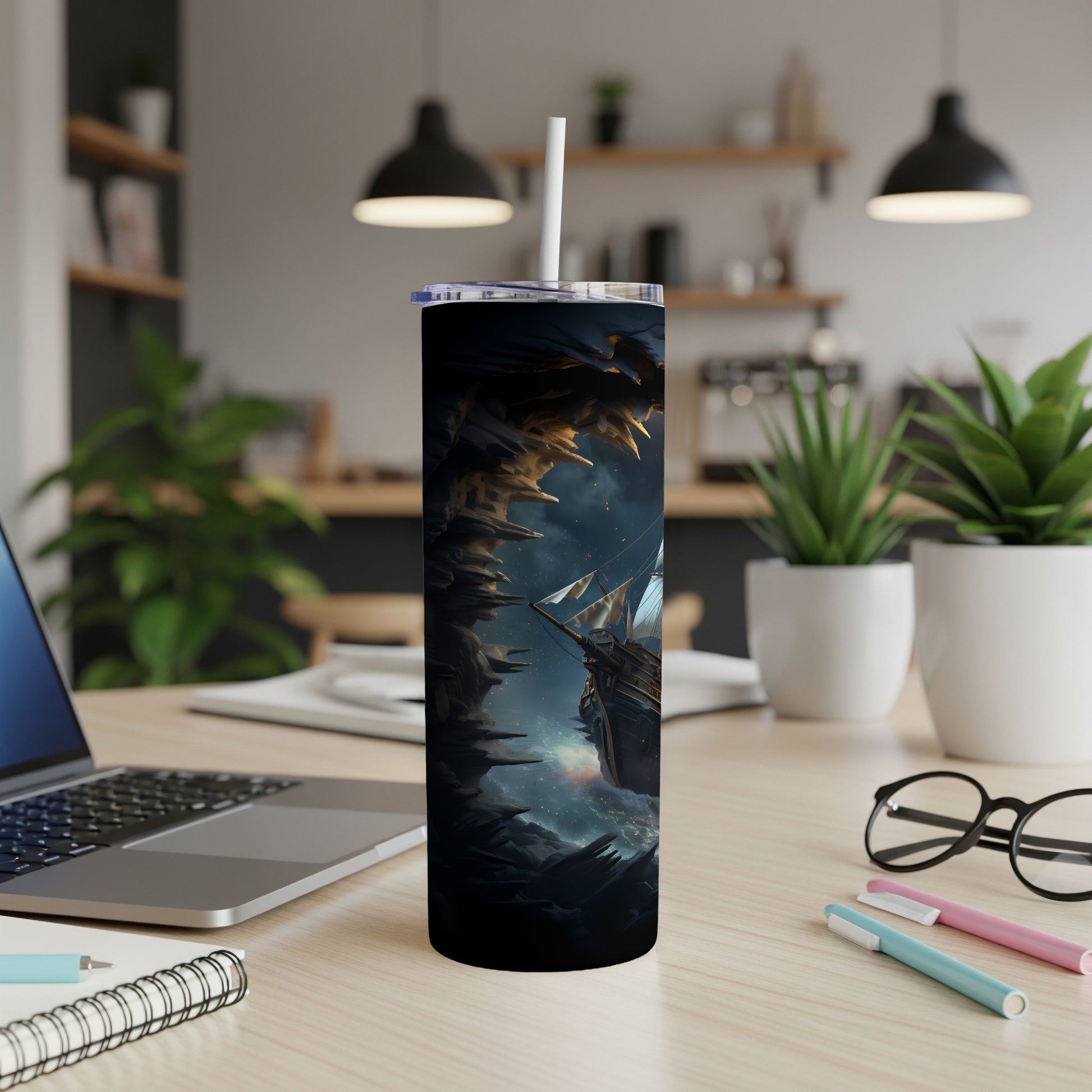 Tall tumbler with pirate ship and stormy ocean artwork.