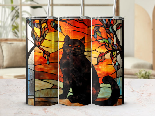Black cat with stained glass background on three tumblers.