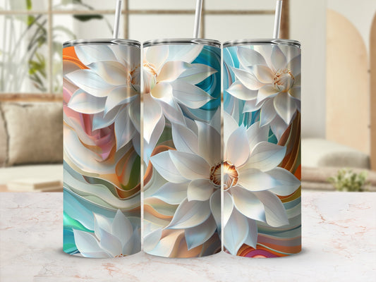 Three white floral tumblers with colorful abstract watercolor backgrounds.