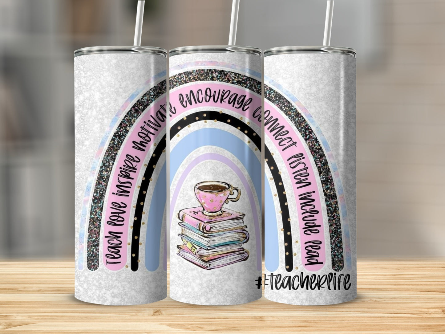 Teacherlife Rainbow Design with Books and Tea Tumblers
