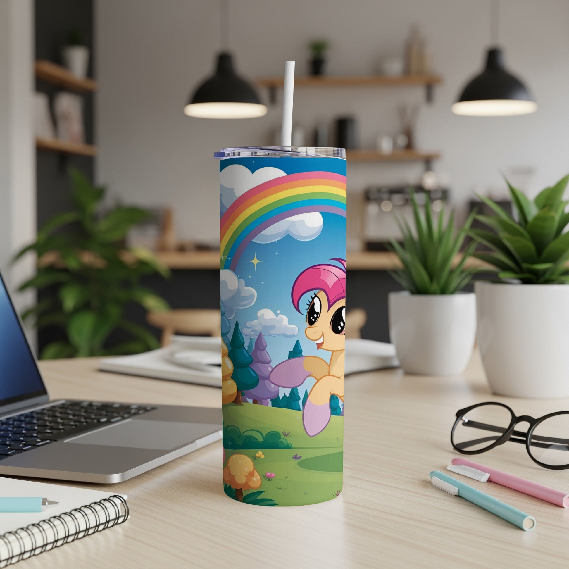 Pink cartoon pony character on a tumbler with rainbow and landscape.