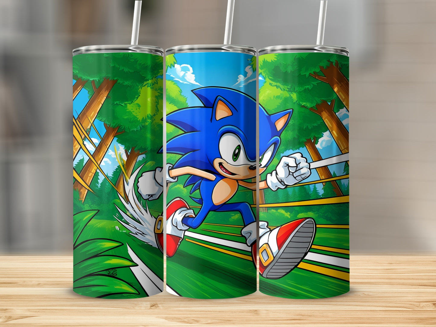 Sonic the Hedgehog running on a green track with trees.