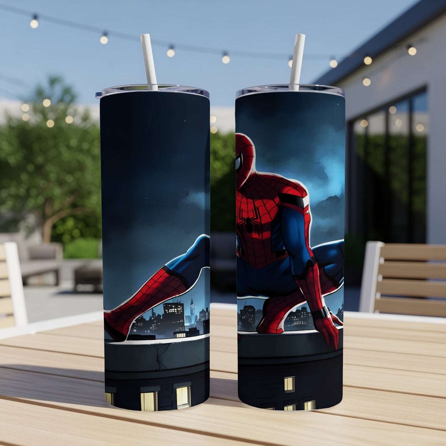Spiderman crouching on a rooftop overlooking a city at night.