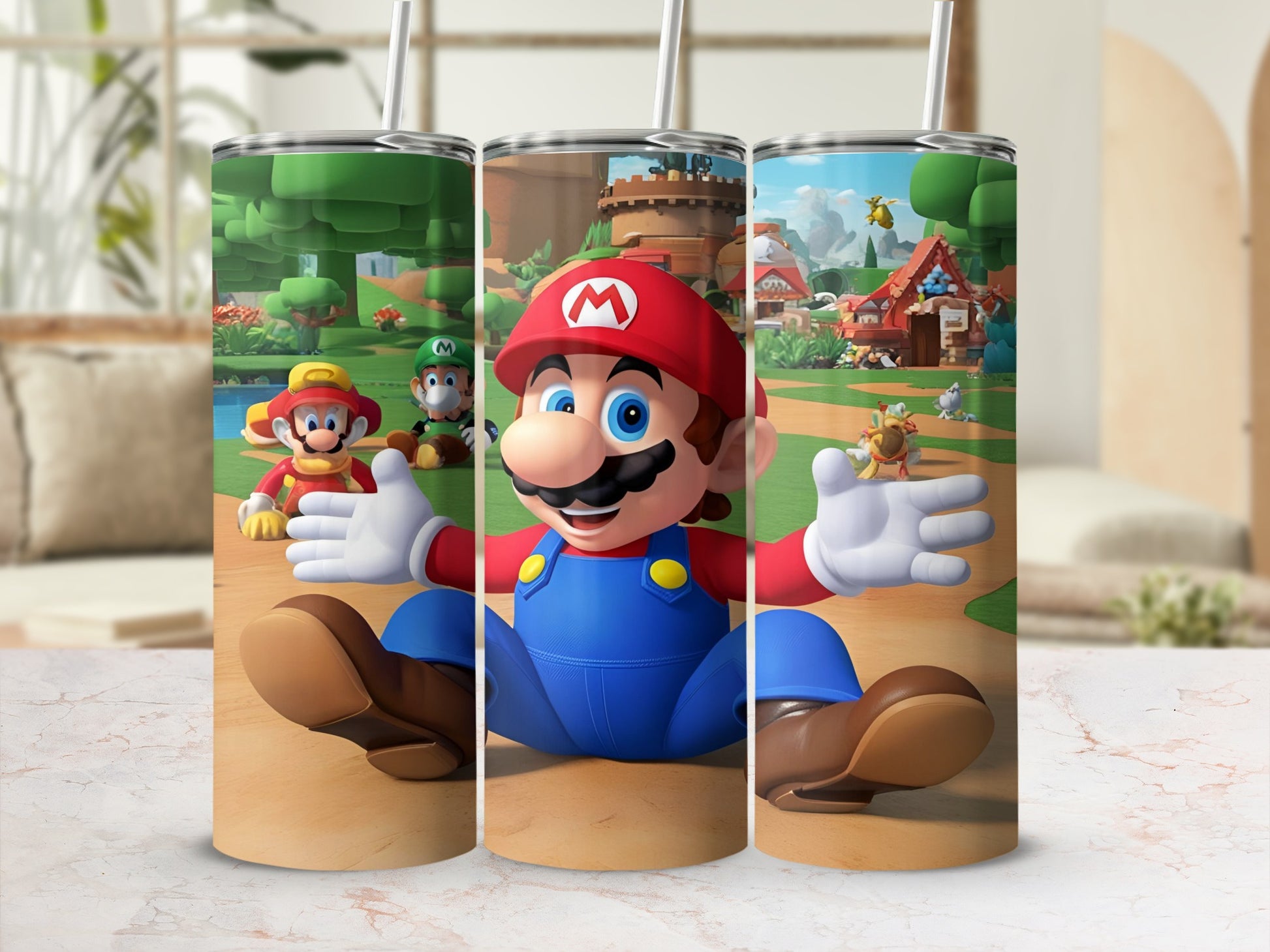 Mario sitting on a colorful background with characters from Super Mario.