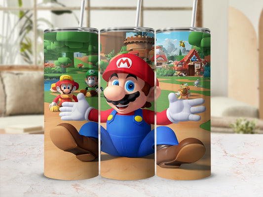Mario sitting on a colorful background with characters from Super Mario.