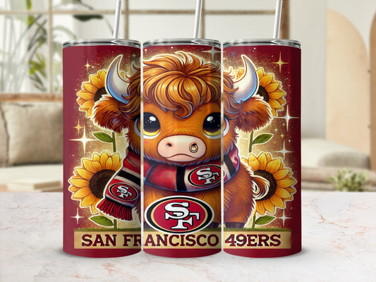 San Francisco 49ers tumbler featuring a cartoon bull and sunflowers.