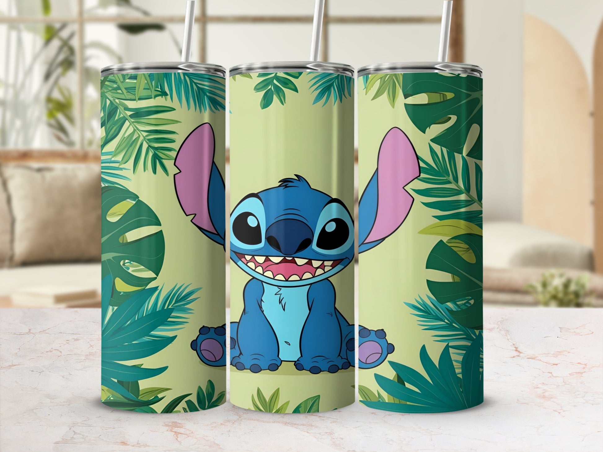 Stitch character on a light green tumbler with tropical leaves.