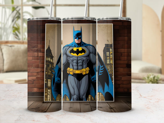 Batman standing heroically in a city skyline.