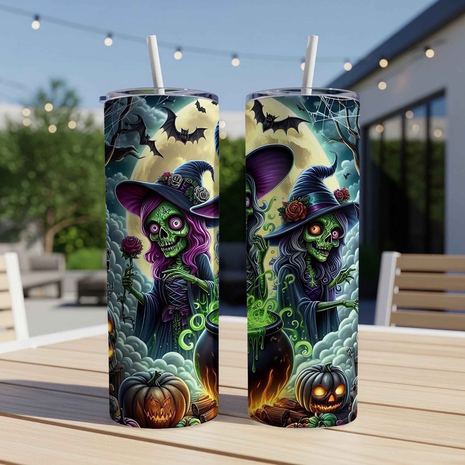 Two Halloween tumblers feature witches, bats, jack-o'-lanterns, and a cauldron.