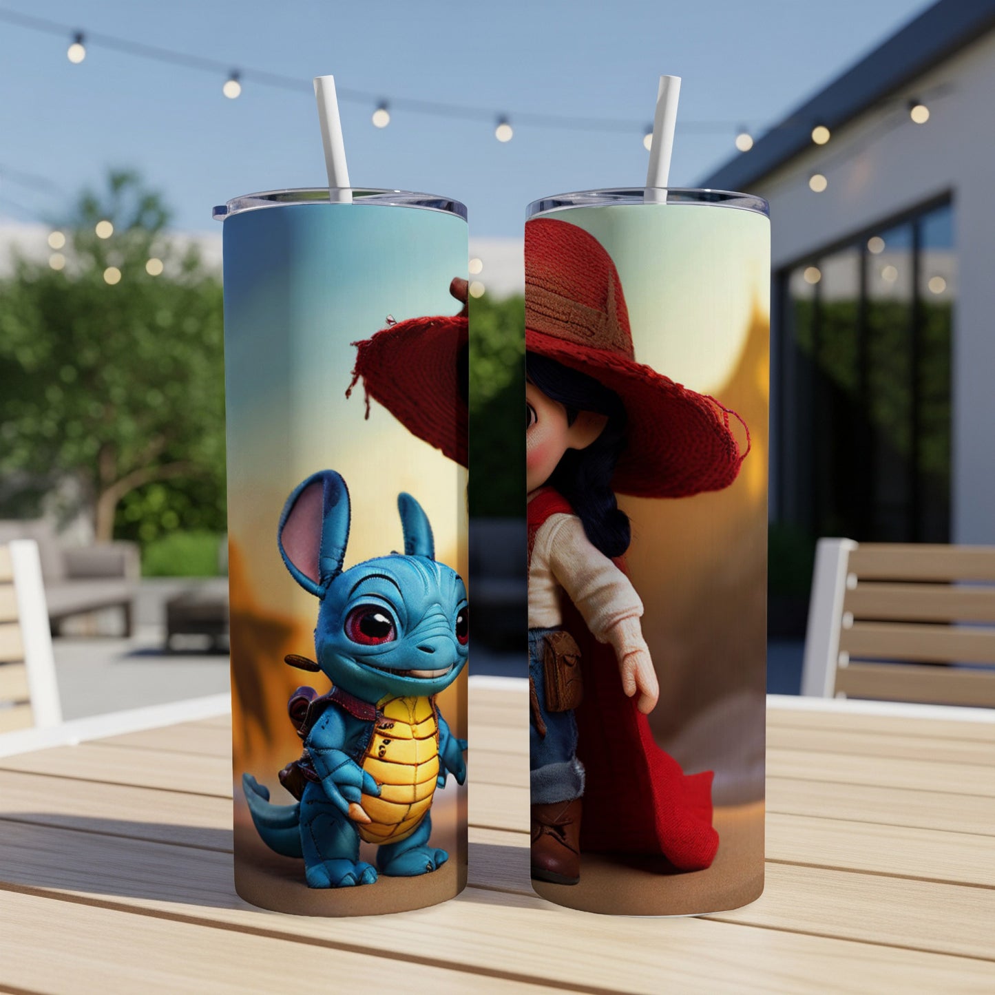 Two tumblers with cartoon characters, one a blue creature, the other a girl in a red hat.