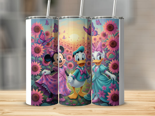 Mickey Donald and Daisy in a Field of Flowers tumbler