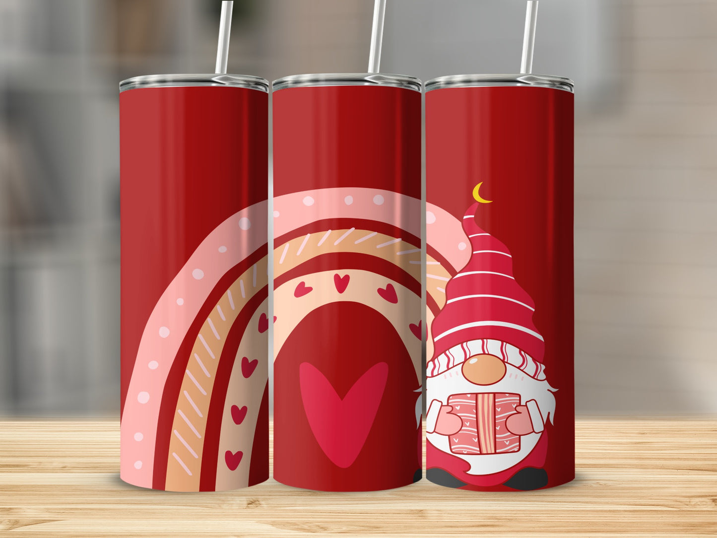 Vibrant Gnome and Heart Rainbow Tumbler Cups