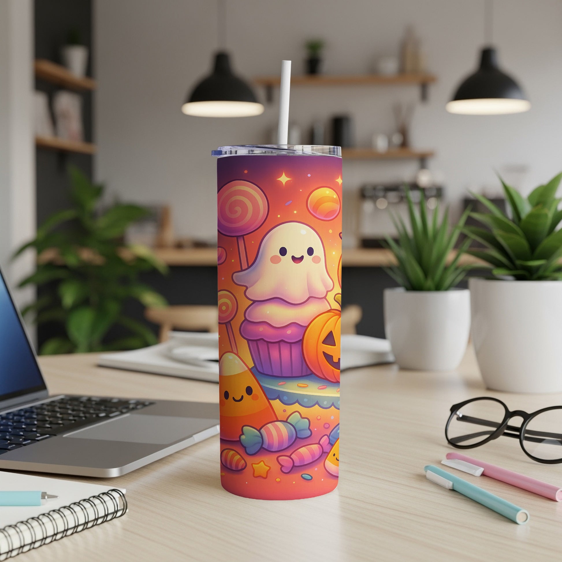 Halloween tumbler with a cute ghost, cupcake, candy corn, and pumpkins.