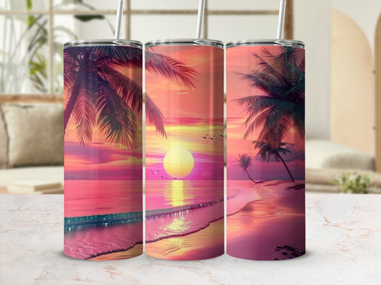 Beach sunset design on three tumblers with palm trees and ocean waves.