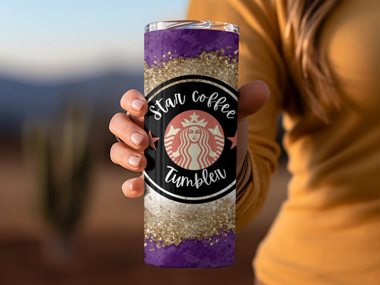 Star Coffee Tumbler with Gold and Purple Glitter Design