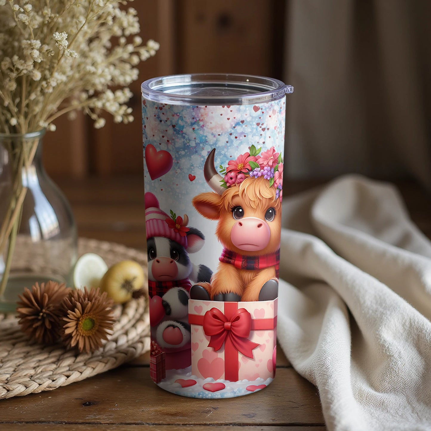 Cute Valentine Cow and Bull Travel Tumbler