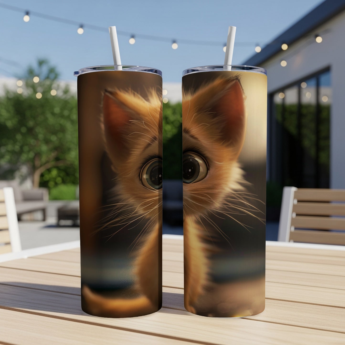 Two tumblers with a close-up, wide-eyed orange kitten face.