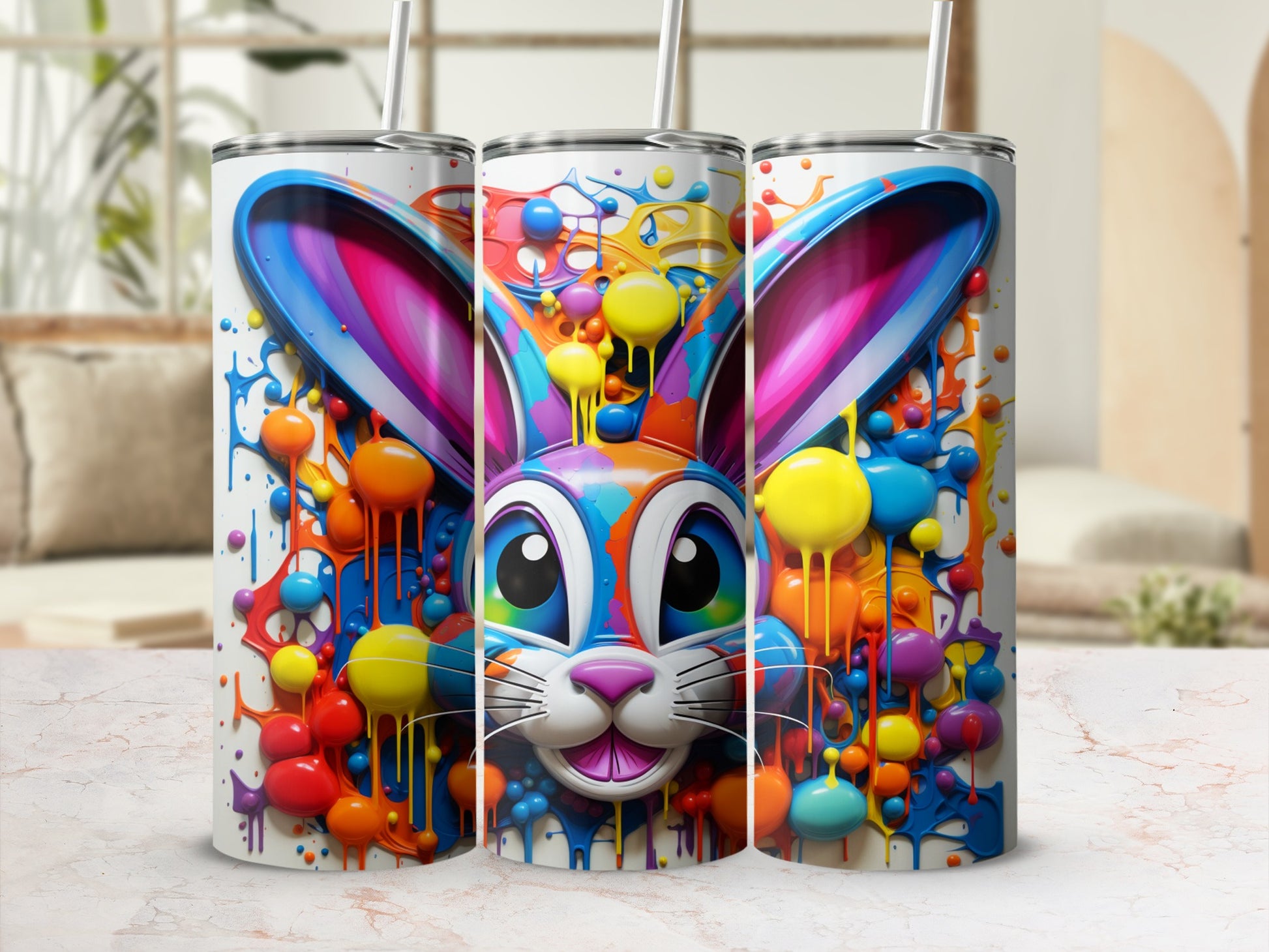 Colorful Rabbit Art Insulated Tumbler Flask for Drinks