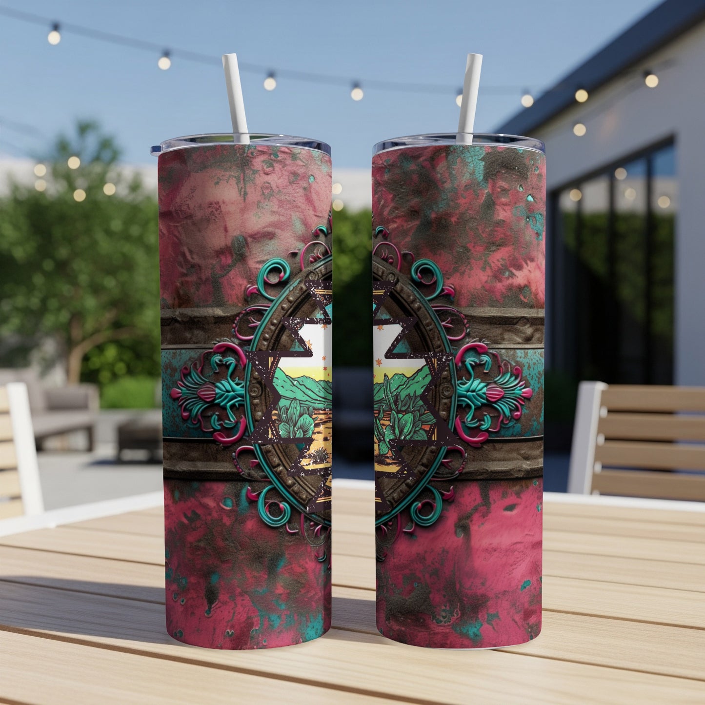 Two stainless steel tumblers with a distressed abstract design and gold ornate frame.