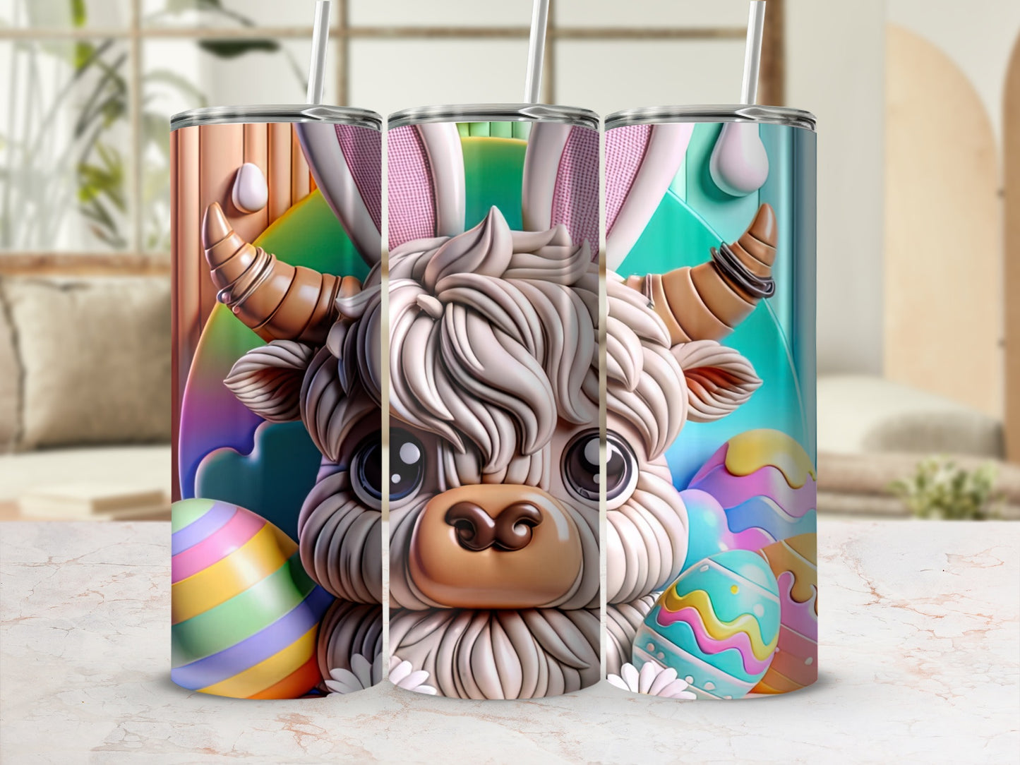 Easter highland cow tumbler with colorful eggs and bunny ears.