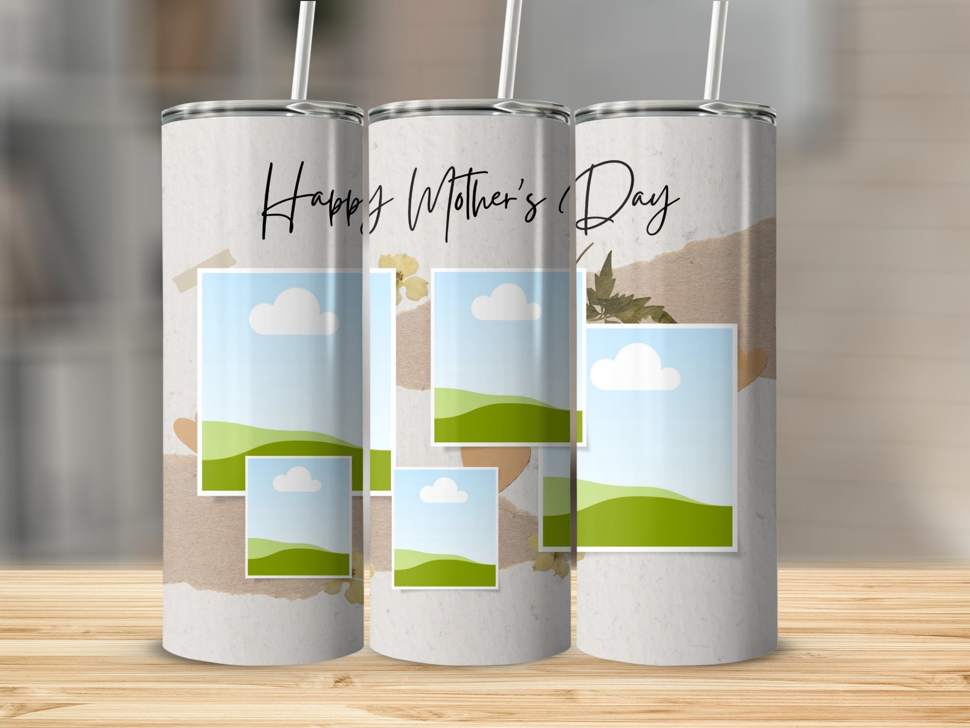 Three tumblers with a "Happy Mother's Day" design and photo collage elements.