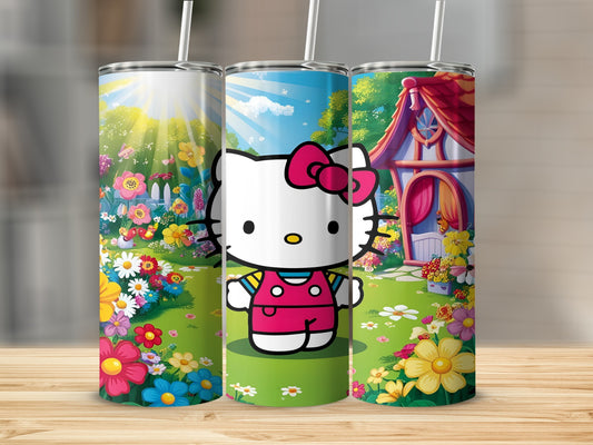 Hello Kitty in a pink dress and bow, standing in a floral garden.