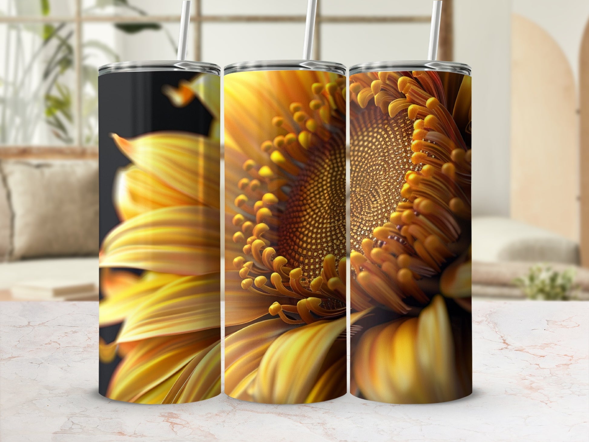 Sunflower design on three tall tumblers.