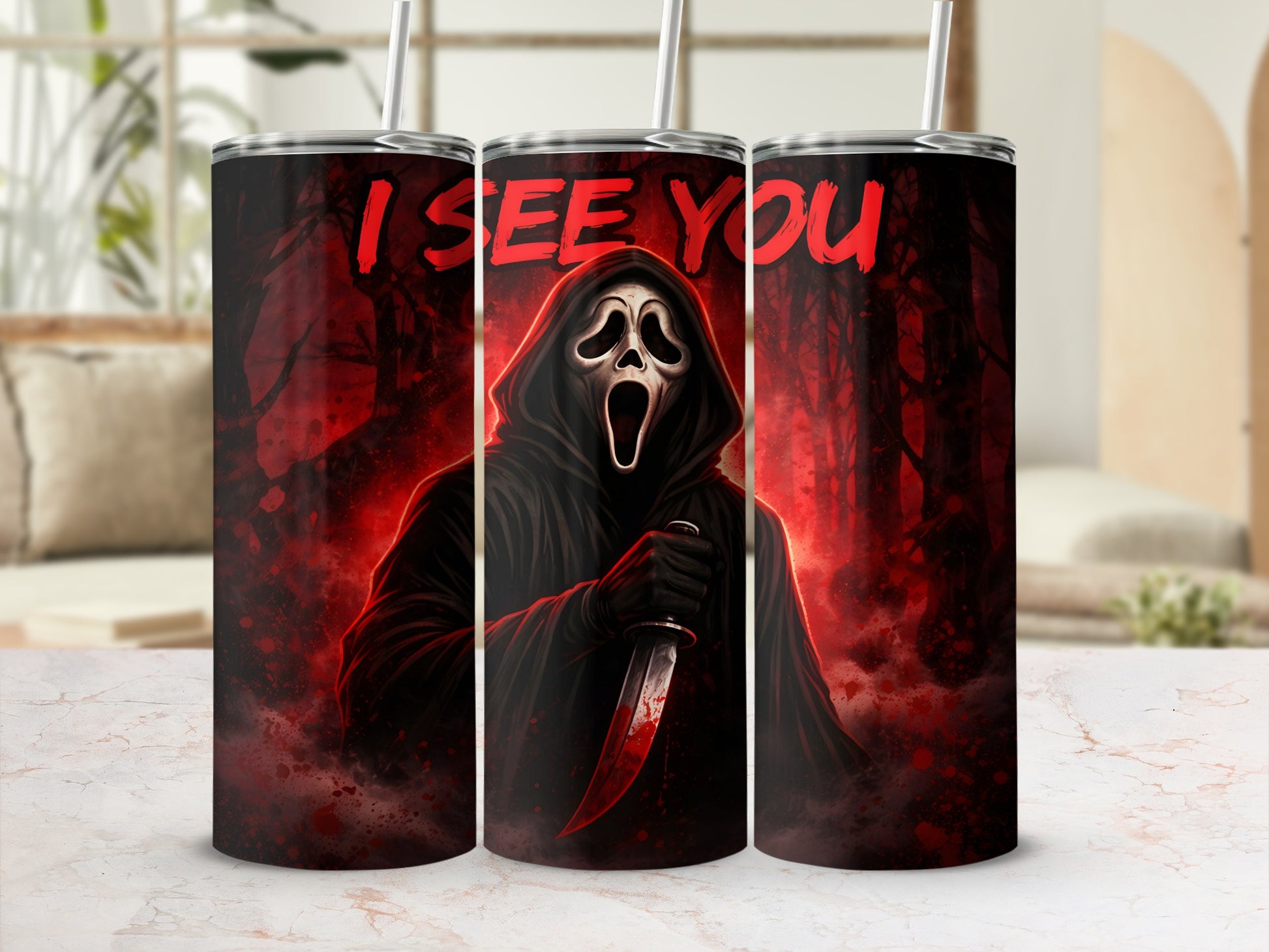 Ghostface mask character holding bloody knife with "I SEE YOU" text.