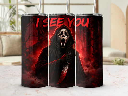 Ghostface mask character holding bloody knife with "I SEE YOU" text.