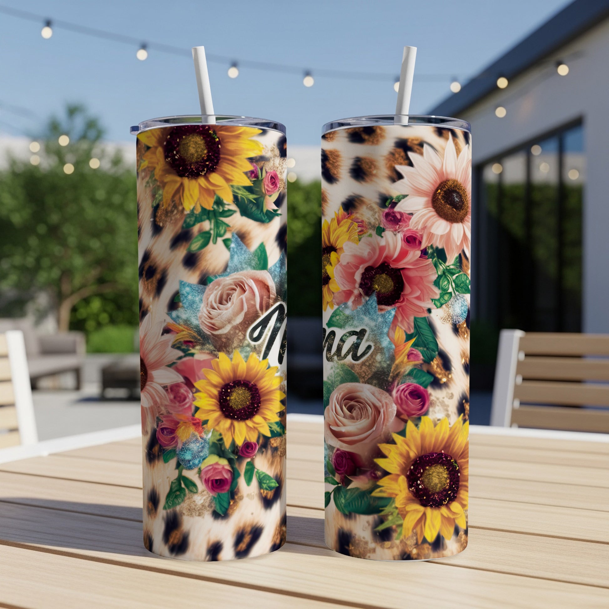 Two tumblers with leopard print and floral designs, reading "Mama".