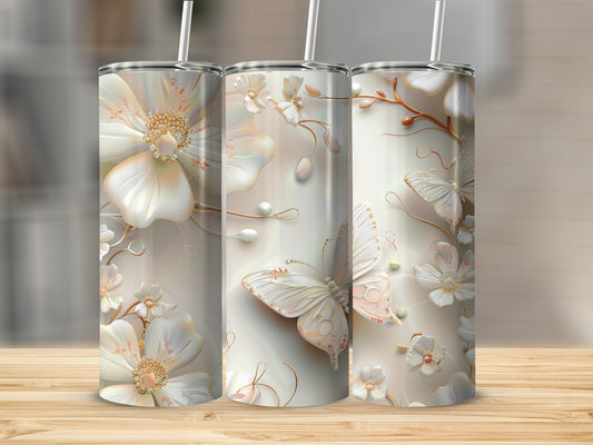 Creamy white tumbler with delicate floral and butterfly designs.
