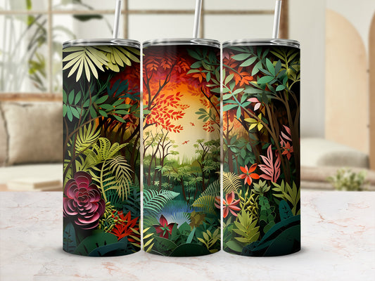 Three tumblers with a vibrant jungle forest scene and tropical foliage.