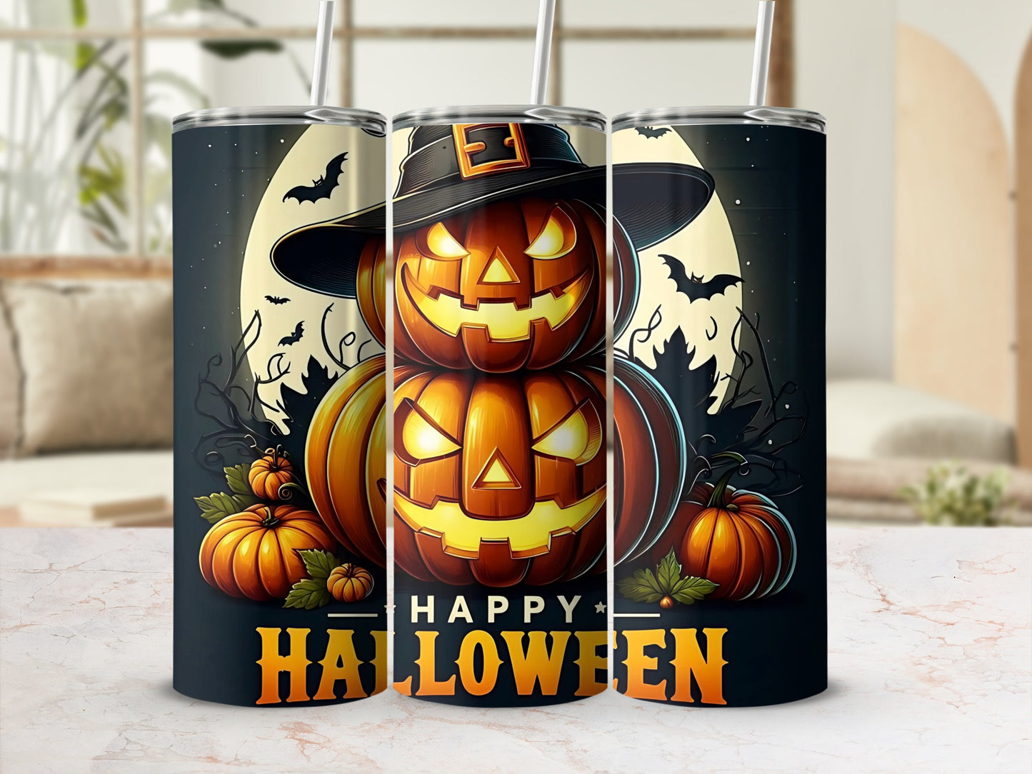 Three tumblers with stacked jack-o'-lanterns, witch hat, moon, bats, and "Happy Halloween" text.