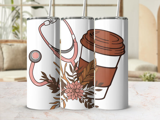 Tumbler with stethoscope, flowers, and coffee cup designs.