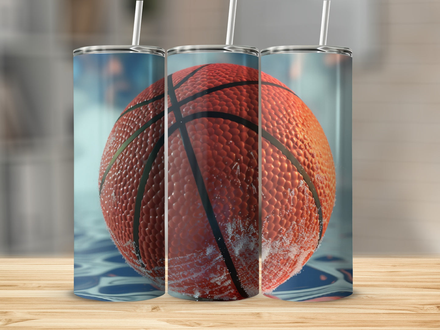 Basketball with water droplets and condensation on a wooden surface.